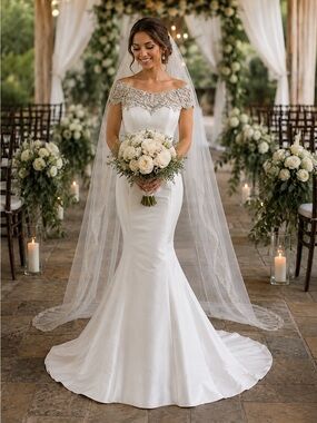 SIGNATURE JUSTIN ALEXANDER Off White Silk Rhinestone Trumpet Wedding Dress 10